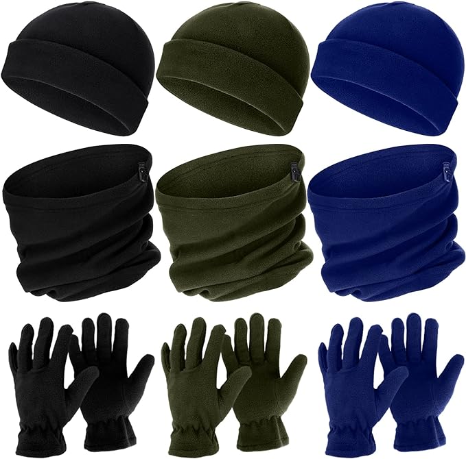 Photo 1 of 9 Pieces Winter Beanie Hats Scarf Gloves Set Include 3 Pieces Beanies 3 Pairs Gloves 3 Pieces Neck Warmer Unisex