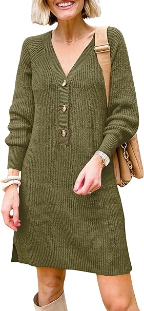 Photo 1 of   LARGE MIROL V-Neck Button Down Sweater Dress Long Sleeve Solid Knitted Pullover Sweatshirt Casual Dresses