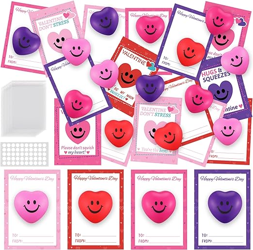 Photo 1 of 28 Set Valentines Day Cards with Heart Shape Stress Ball, Valentines for Classroom, Exchange Valentines Cards Greeting Cards Smile Face Balls Sealing Bags for Classroom School Party Favors
