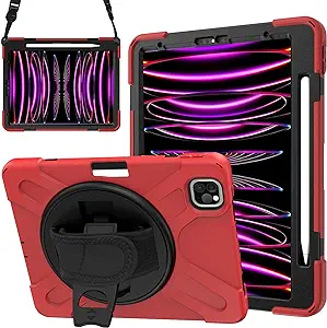 Photo 1 of ZenRich iPad Pro 11 inch Case (2022/2021/2020/2018) with Screen Protector Upgraded Military Grade Shockproof Silicone iPad 11'' Case with Pencil Holder/Kickstand/Hand Strap and Shoulder Belt, Red