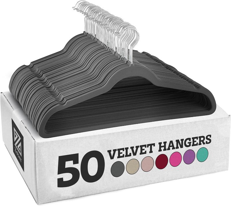 Photo 1 of Zober Velvet Hangers 50 Pack - Heavy Duty Gray Hangers for Coats, Pants & Dress Clothes - Non Slip Clothes Hanger Set - Space Saving Felt Hangers for Clothing. Black
