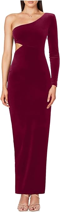 Photo 1 of    SIZE MED    L'VOW Women's Elegant One Shoulder Long Sleeve Cutout Maxi Velvet Dress for Party Night