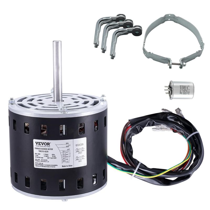 Photo 1 of 1/2HP Furnace Blower Motor, 208/230V 2.7Amps, 1075RPM 5 Speeds, CW/CCW Rotation, 48 Frame 3.4" Shaft Length, 7.5?F/450V Capacitor + 11" Hold Hoop
