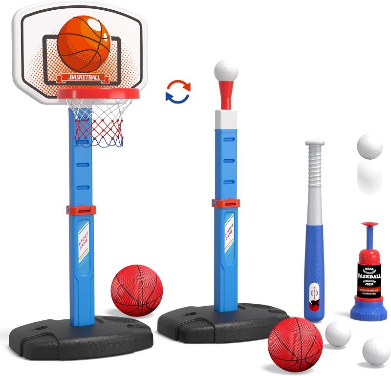 Photo 1 of 2 in 1 Kids Basketball Hoop and T Ball Set - Adjustable Height, Kids Baseball Tee with Automatic Pitching Machine, Indoor Outdoor Sport Toys Gifts for Toddler Boys Girls Age 1-5, Blue
