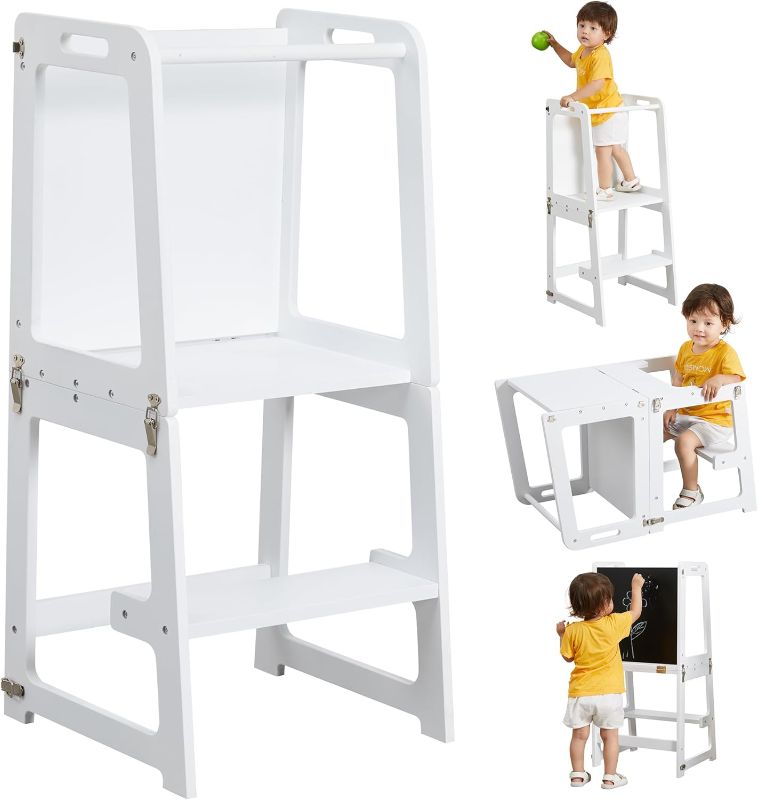 Photo 1 of 4-in-1 Learning Tower for Toddlers and Kids 1-6 Years, Kitchen Helper Stool with Chalkboard, Desk Table, and Chair All in One, White
