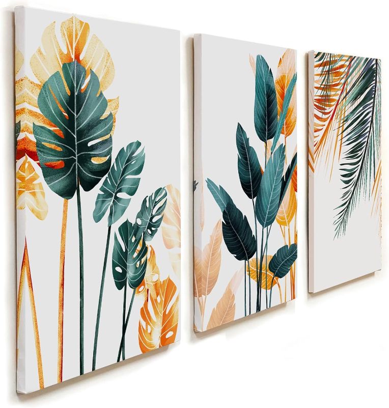 Photo 1 of Canvas Prints Wall Art, Original Designed Framed Tropical Plants Pictures, Minimalist Watercolor Painting Palm Monstera Green Leaf for Living Room Office Bedroom BathRoom 3 Piece 12" X 16"
