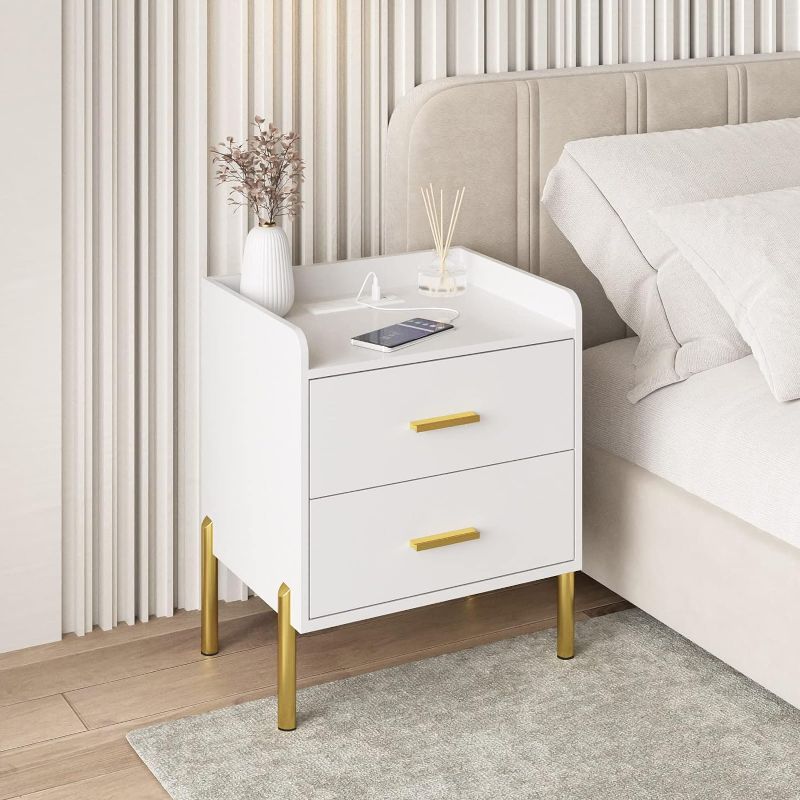 Photo 1 of 2 Drawer White Nightstand for Bedroom, Mid Century Modern End Table with Charging Station Farmhouse Storage Night Stand Side Table with USB Ports and Outlets for Living Room
