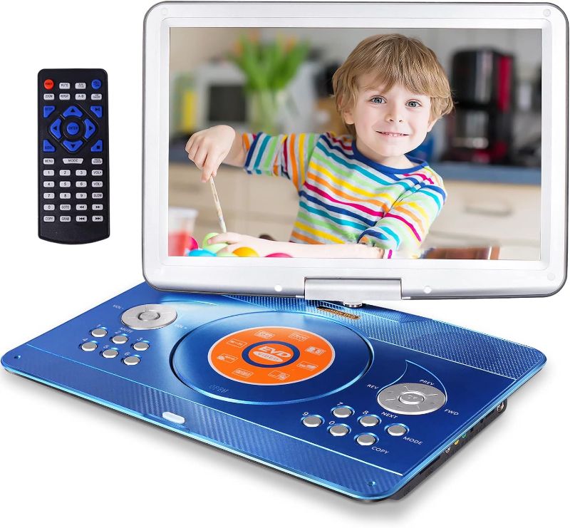 Photo 1 of 16.9" Portable Mobile DVD Player with 14.1" Large Swivel Screen with 6 Hrs Rechargeable Battery for Kids, Sync TV, Support USB SD Card with Car Charger (Blue)
