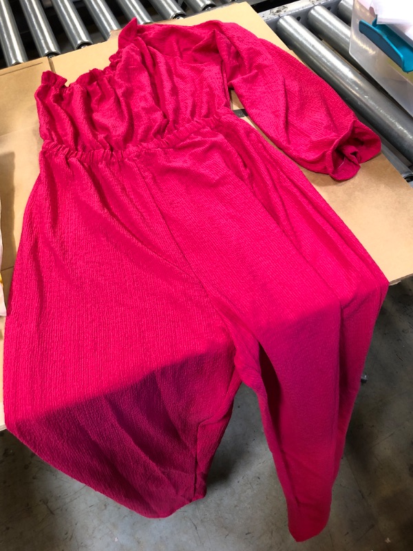 Photo 1 of GEMEIQ Women's Sexy One Shoulder Jumpsuit Long One Sleeve Casual Wide Leg Long Pants Romper Jumpsuit  ROSE RED
SIZE LARGE 