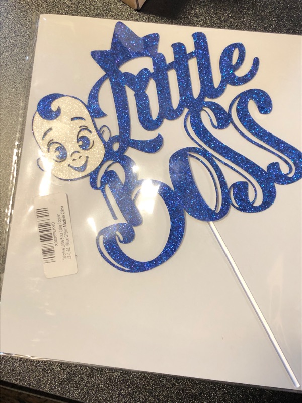 Photo 2 of Little Boss Cake Topper, Baby Boss Birthday Party Decoration, Boy 1st Birthday Party Supplies (Blue Glitter)