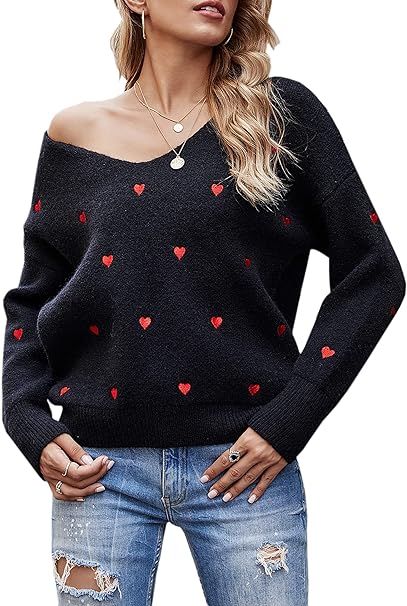 Photo 1 of ECOWISH Women Valentine Heart Sweater V Neck Embroidery Knit Loose Casual Long Sleeve Ribbed Pullover Sweaters L 
 