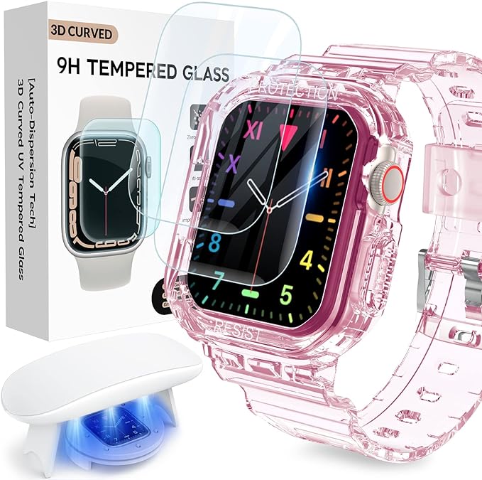 Photo 1 of Compatible for Clear Apple Watch Band with Screen Protector, [Auto-Dispersion Tech] Full Coverage Hide Scratches Tempered Glass with Bumper Case for iWatch SE2/SE Series 8 7 6 5 4
 