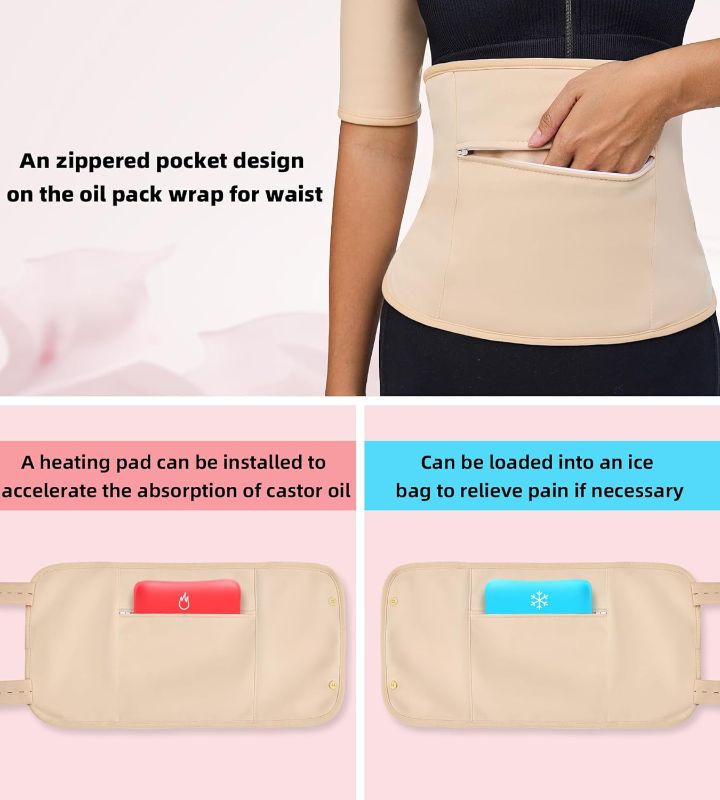 Photo 1 of Organic Castor Oil Pack Wrap Kit for Liver Detox, Insomnia, Constipation, Inflammation, Adjustable Reusable, Less Mess, Elastic Strap Bamboo Cotton Machine Washable, Anti Oil Leak Khaki 