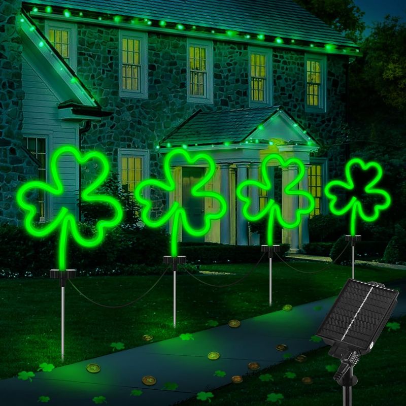 Photo 1 of Ouddy Decor St Patricks Day Decorations Outdoor, Set of 4 Solar Shamrocks Stake Lights 8 Modes Waterproof Green Lucky Clover Pathway Lights for Yard Garden Walkway Irish St. Patrick's Decor
 
