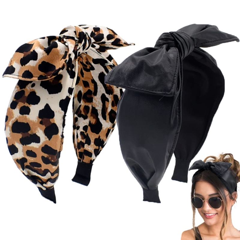 Photo 1 of BEGOOD Bow Headbands for Women Black Headband with Bow Leather Knotted Headband Leopard Wide Head Bands for Women's Hair Turban Hair Accessories for Girls 2Pcs
 