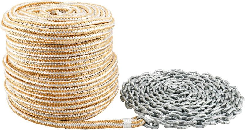 Photo 1 of NovelBee 1/2 inch Double Braid Nylon Rope with 1/4 Inch x 15 Feet Galvanized Chain for Boat Anchor Rope and Dock Line (White/Gold, Length:150')
 