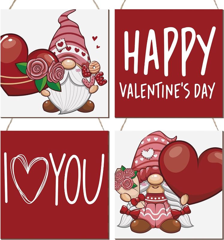 Photo 1 of 4 Pcs Valentine's Day Wooden Sign Decor Heart Wall Hanging Decor Wood Happy Valentine's Day Wall Flower Decor Gnome Decor for Valentines Home Indoor Outdoor Wall Decor
 