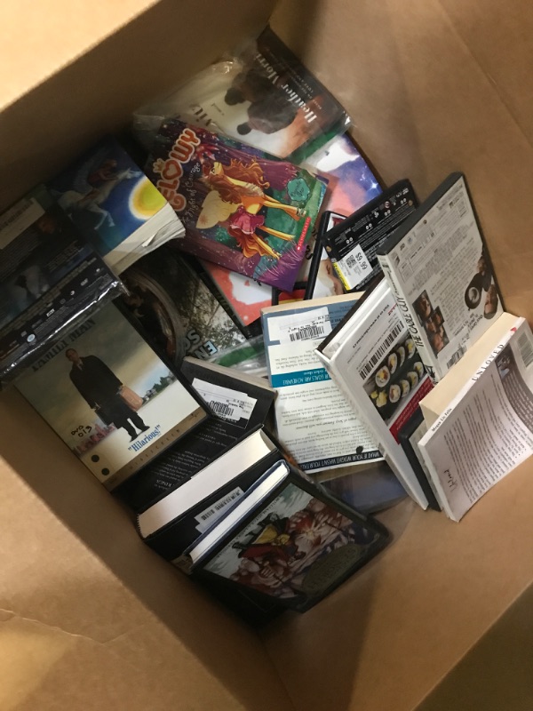 Photo 1 of mystery mixed box lot filled with used and or new cd movies and books rated e / rated r sold as is no returns or exchanges 