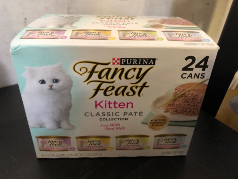 Photo 2 of   date 08/2025---Purina Fancy Feast Tender Seafood, Turkey, Chicken and Salmon Flavor Variety Pack Wet Cat Food - 4.5lbs/24pk cken and Salmon Flavor Variety Pack Wet Cat Food - 4.5lbs/24pk	