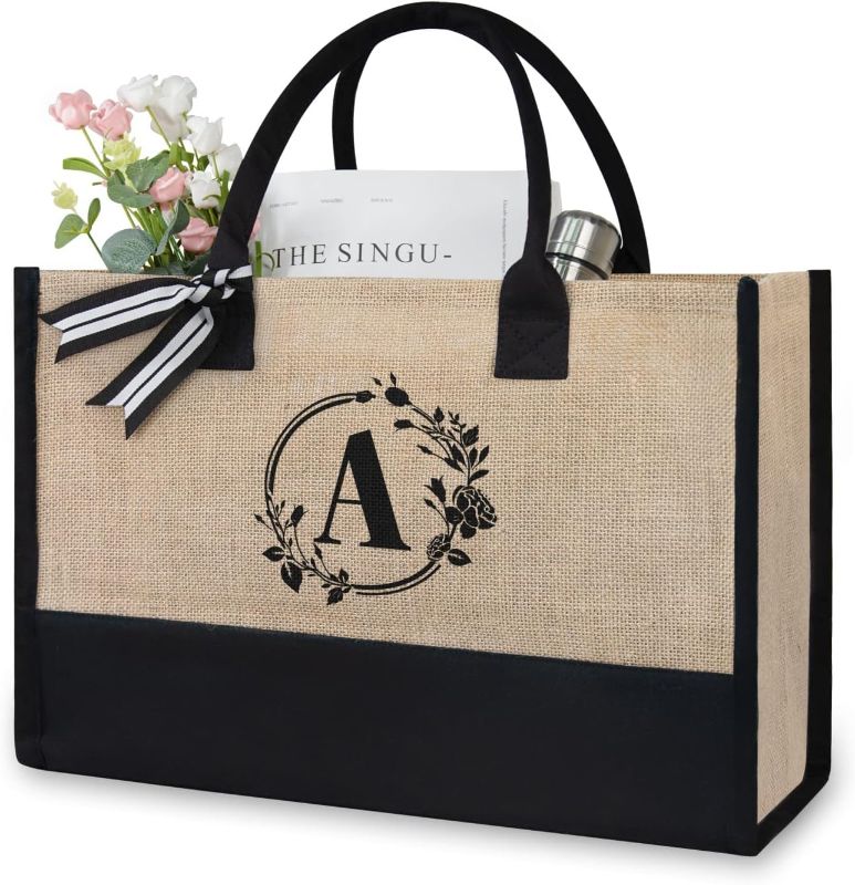 Photo 1 of TOPDesign Initial Jute/Canvas Tote Bag, Personalized Present Bag, Suitable for Wedding, Birthday, Beach, Holiday, is a Great Gift for Women, Mom, Teachers, Friends, Bridesmaids (Letter A)
