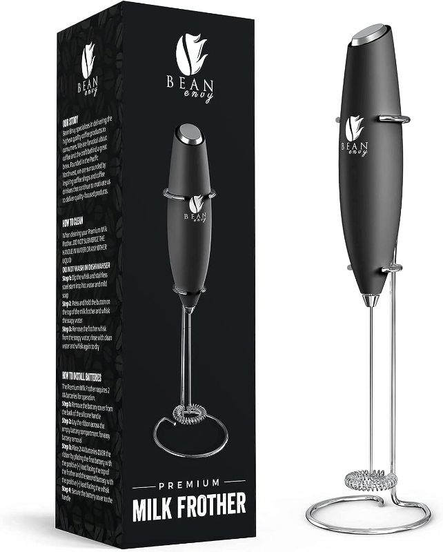 Photo 1 of Bean Envy Handheld Milk Frother for Coffee - Electric Hand Blender, Mini Drink Mixer Whisk & Coffee Foamer Wand w/Stand for Lattes, Matcha and Hot Chocolate - Kitchen Gifts - Black
