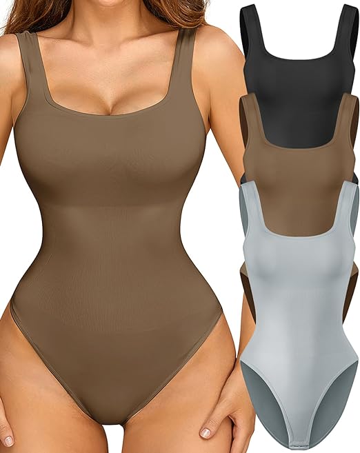 Photo 1 of FLORATA Women's Tummy Control Bodysuit Sexy Ribbed Sleeveless Square Neck Sleeveless Tank Tops Bodysuits. XL
