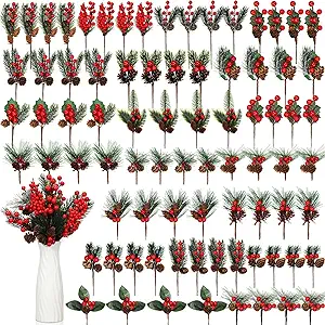 Photo 1 of Yuxung 80 Pcs Christmas Pine Needles Stems Assorted Artificial Picks Stems Bulk Branch Pine Picks Spray Pinecones Red Berries Picks Decor for Holiday Wreath Garland Decor Floral Arrangement, 20 Styles