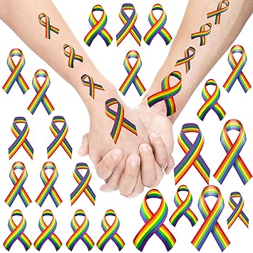 Photo 1 of 20 Sheets 200 Pcs LGBT Gay Temporary Tattoos Stickers Rainbow Ribbon Tattoos LGBT History Month Face Body Tattoos Stickers for LGBT History Month Pride Day Equality Parades and Celebrations