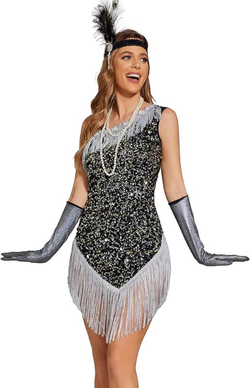 Photo 1 of 4xl Pixiemain Women's 1920s Gatsby Flapper Dress Sequin Halloween Costume Party Dress