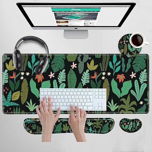 Photo 2 of pKeyboard and Mouse Pad with Wrist Support Gaming Mousepad 31.5x11.8 Desk Mat Tropical Plant XL Desk Pad Extended Mouse Pads and Wrist Rest 4 in 1 Set with Non-Slip Base