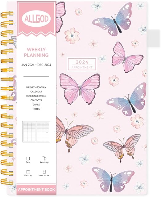 Photo 1 of 2024 Appointment Book 15 Minute Interval Hourly Planner from Jan 2024-Dec 2024 with Calendar,8.5 x 11 Weekly & Monthly Planner with Spiral Bound, Monthly Tabs, Pocket(Pink Butterfly, A4)
