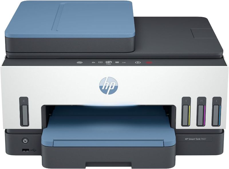 Photo 1 of HP Smart -Tank 7602 Wireless All-in-One Cartridge-free Ink Printer, up to 2 years of ink included, mobile print, scan, copy, fax, auto doc feeder, featuring an app-like magic touch panel (28B98A),Blue