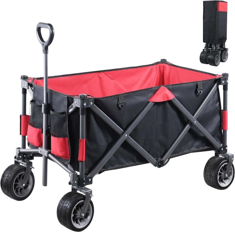 Photo 1 of ????? ????? Folding Wagon Cart Large Capacity, All-Terrain Wheels with Brakes, Adjustable Handle Sturdy, Wagons carts Heavy Duty Foldable - Black with Red
