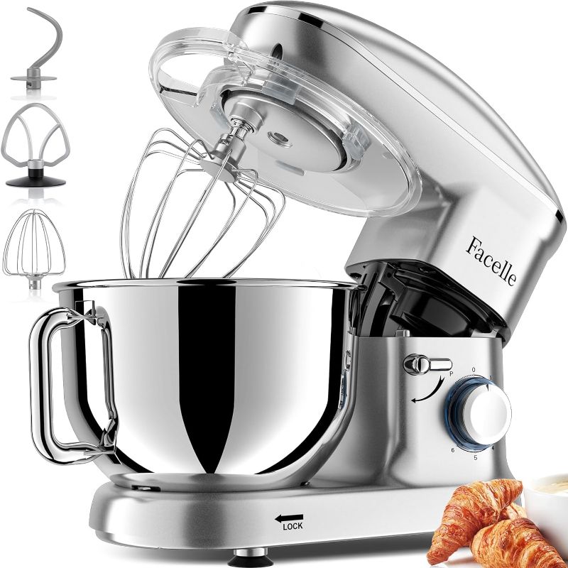 Photo 1 of Facelle Electric Stand Mixer, 660W 6 Speed Kitchen Mixer with Pulse Button, Attachments include 6.5 Quart Bowl, Dishwasher Safe Beater, Dough Hook, Whisk & Splash Guard for Baking,Cakes,Cookie(Silver)
