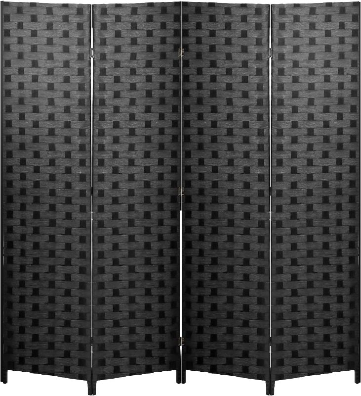 Photo 1 of Room Divider 6FT Wall Divider Wood Screen 4 Panels Wood Mesh Hand-Woven Design Room Screen Divider Indoor Folding Portable Partition Screen,Black
