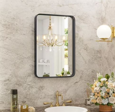 Photo 1 of Modern 30 in. W x 22 in. H Rectangle Black Framed Bathroom Vanity Mirror Wall Mirror with Rounded Corners
