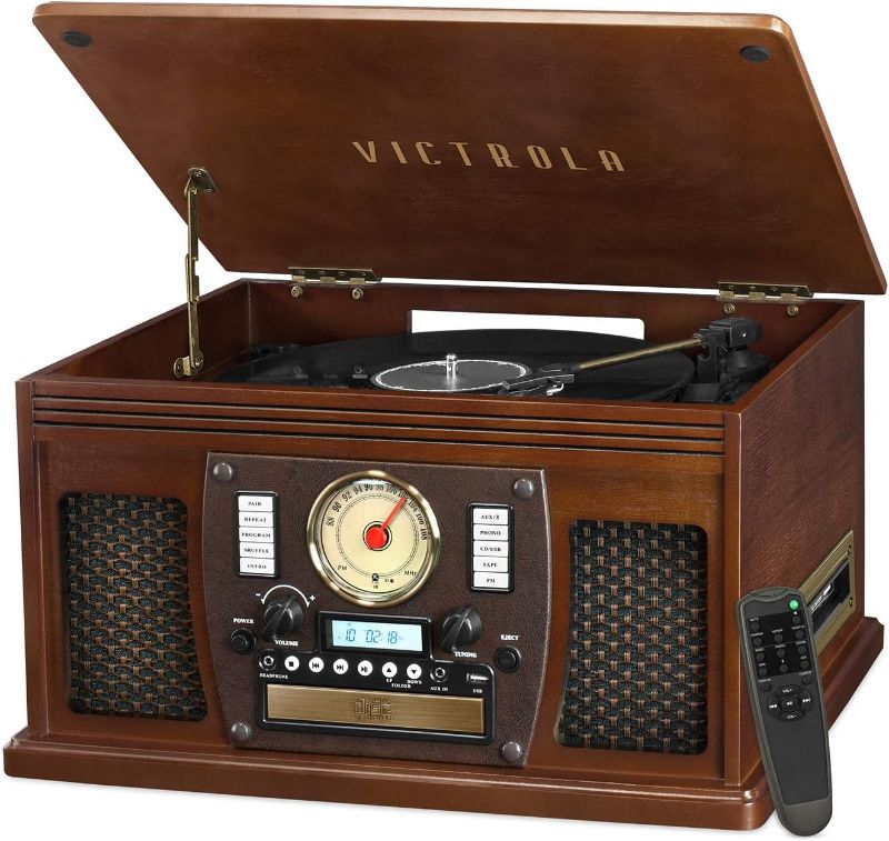 Photo 1 of Victrola Navigator 8-in-1 Classic Bluetooth Record Player with USB Encoding and 3-Speed Turntable Bundle with Victrola Wooden Stand for Wooden Music Centers with Record Holder Shelf, Mahogany