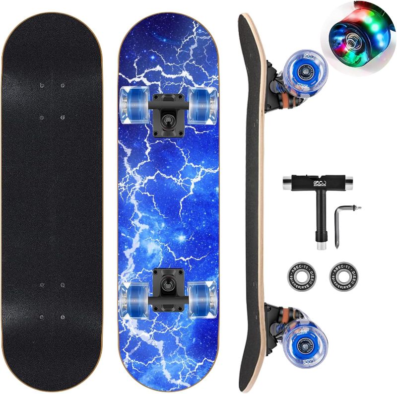 Photo 1 of GIEEU Skateboards with Colorful Flashing Wheels for Beginners,Kids,Teens,Adults, Complete Standard Skate Boards 9 Layer Canadian Maple Deck Concave Skateboard

