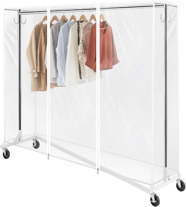 Photo 1 of GREENSTELL Clothes Rack with Cover & Tube Bracket, Industrial Pipe Z Base Clothing Garment Rack on Wheels with Brakes, Heavy Duty Sturdy Square Tube Garment Rack White (59x24x68 inch)

