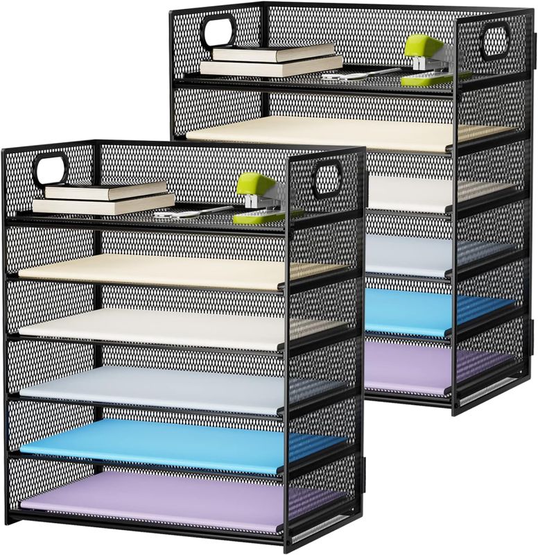 Photo 1 of Marbrasse 2 Pack Desk Organizer with Handle, 6 Tier Paper Organizer Letter Tray Organizer, Mesh Desk File Organizer for Office, School and Home
