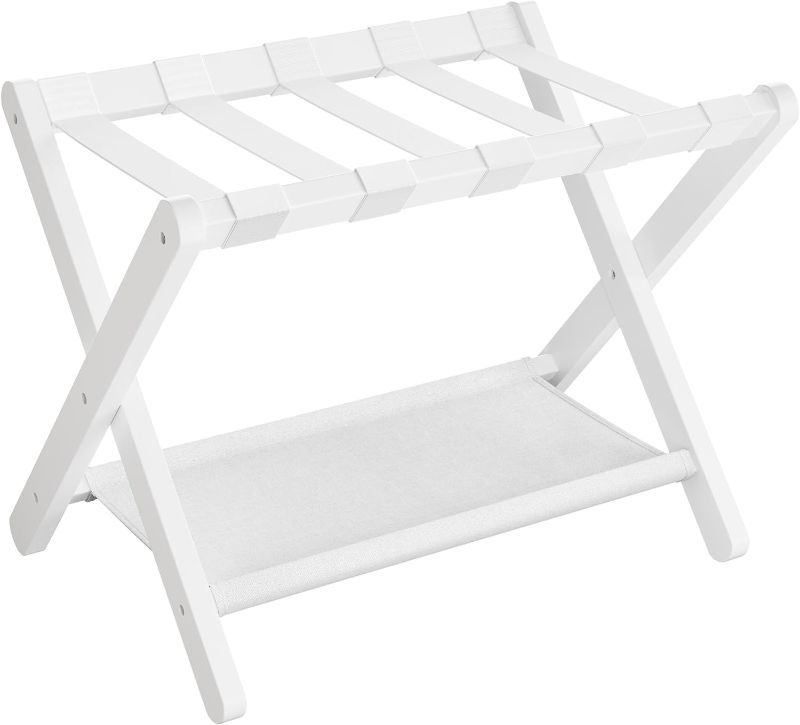Photo 1 of SONGMICS Luggage Rack, Folding Suitcase Stand with Storage Shelf, for Guest Room, Hotel, Bedroom, Heavy-Duty, Holds up to 131 lb, Classic White URLR007W01
