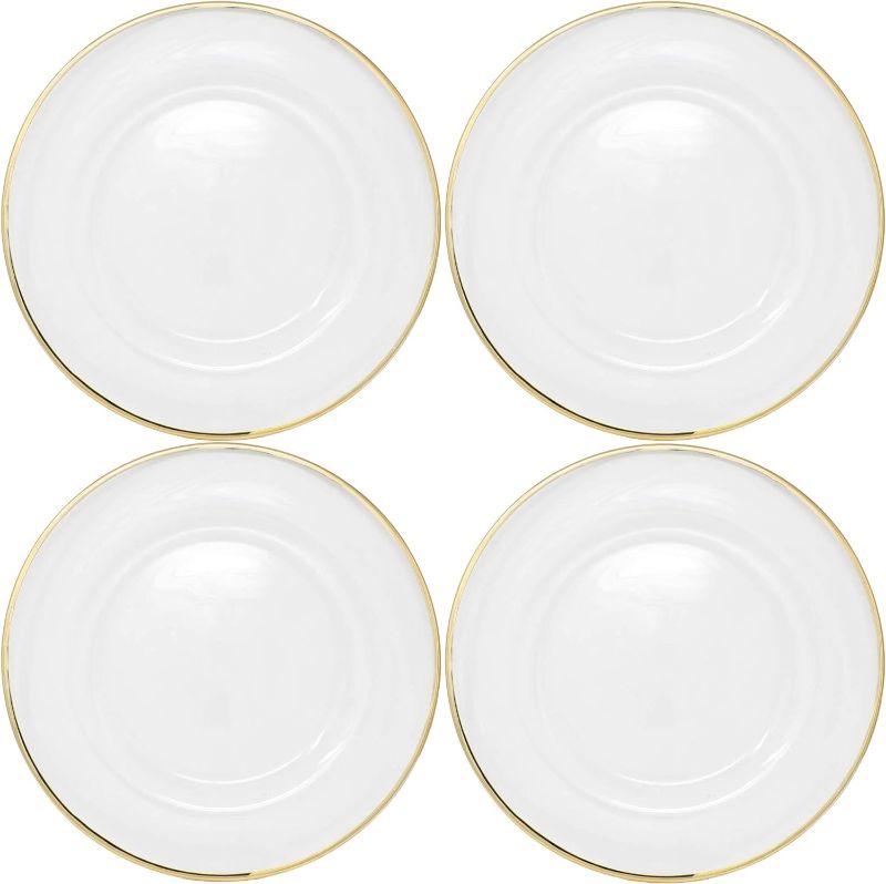 Photo 1 of Clear Glass Charger 13 Inch Dinner Plate With 0.5 CM Metallic Rim - Set of 4 - Gold
