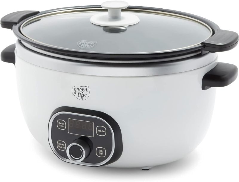 Photo 1 of GreenLife Cook Duo Healthy Ceramic Nonstick Programmable 6 Quart Family-Sized Slow Cooker, PFAS-Free, Removable Lid and Pot, Digital Timer, Adjustable Tempature Control, Dishwasher Safe Parts, White
