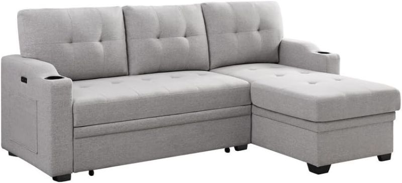 Photo 1 of INCOMPLETE SET!!! Lilola Home Mabel Light Gray Linen Fabric Sleeper Sectional with cupholder, USB Charging Port and Pocket
ONLY BOX 3OF3!!!! 