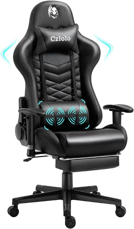 Photo 1 of Gaming Chair with Footrest and Massage, PU Leather Video Game Chair Racing Style Gaming Computer Chair, High Back Adjustable Recliner Gamer Chair for Adults, Black
