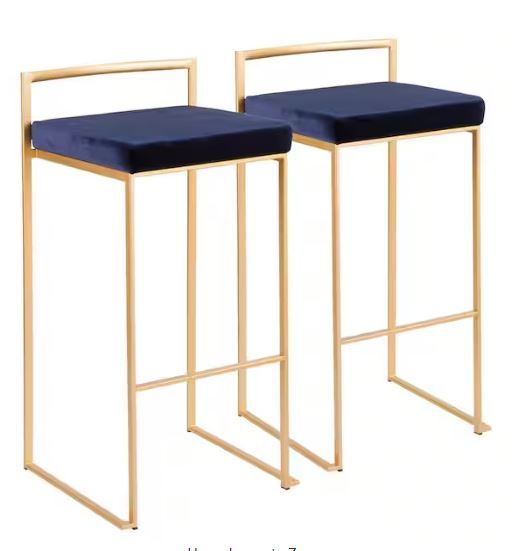 Photo 1 of Fuji 30 in. Gold Stackable Bar Stool with Blue Velvet Cushion (Set of 2)
