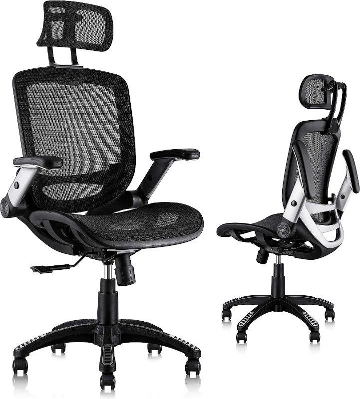 Photo 1 of GABRYLLY Ergonomic Office Mesh Chair, High Back Home Desk Chair with Adjustable Flip-up Arms & Lumbar Support, Swivel Computer Task Chair with Headrest, Tilt Function for Home,Office, Work, Student Black Mesh with headrest