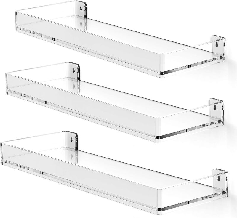Photo 1 of MaxGear Acrylic Shelves Clear Floating Shelves, Clear Display Wall Shelves with Edge, Wall Mounted Hanging Floating Bookshelves for Bathroom, Bedroom, Kitchen, Set of 3
