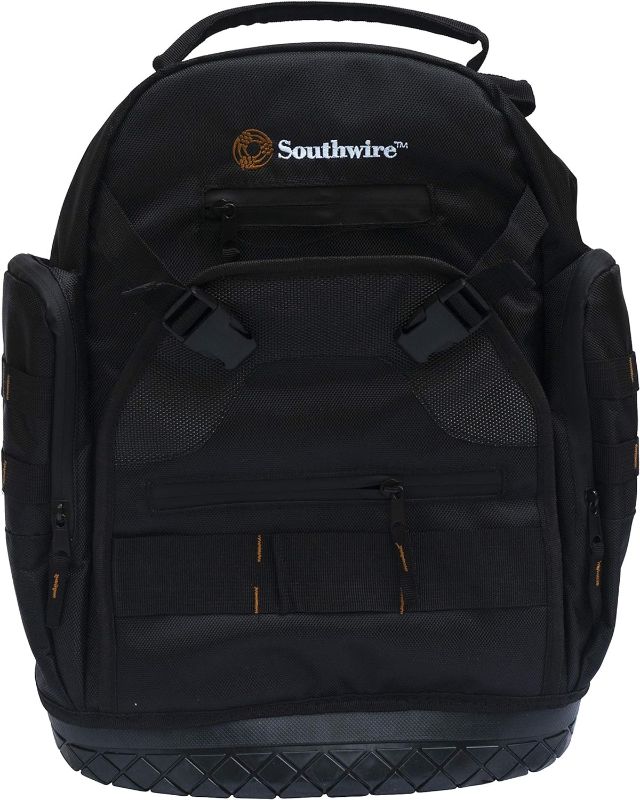 Photo 1 of Southwire PROBAGBP Rugged Pro Tool Backpack with Heavy Duty Molded Base, Chest and Padded Shoulder Straps, 28 Pockets, 3 Zippered Pouches, 29 Tool Loops
