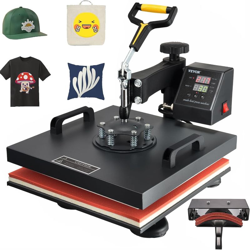 Photo 1 of VEVOR 15x15 Heat Press Machine 2 in 1 Combo(with Hat Press), 360° Swing Away Digital Tshirt Press Machine, Clamshell Heat Transfer Sublimation for Printing T-Shirt Hat Cap Pillow Bag
